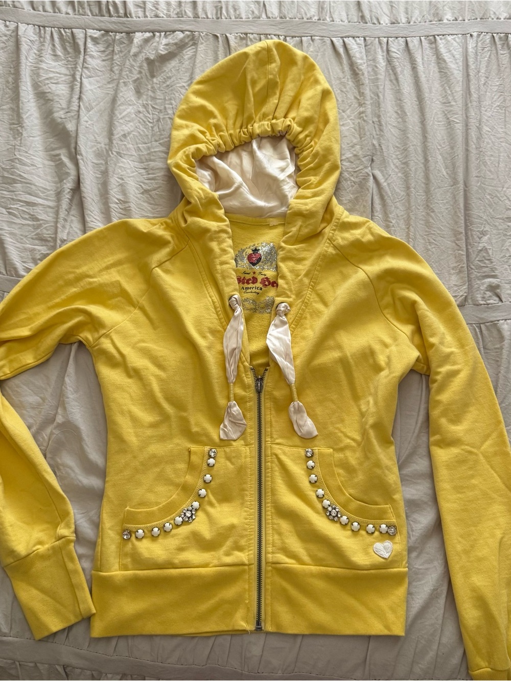 Butter Embellished Yellow Hooded Zip Jacket with Embellished Pockets, 2000’s Y2K